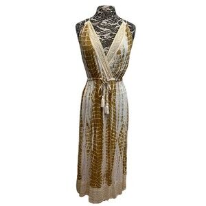 Blue Island Maxi Swimsuit Coverup Yellow V-Neck Tassels Tie Dye Boho Festival M‎